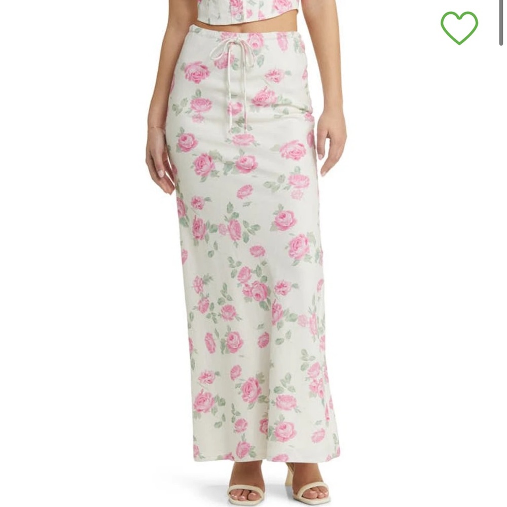 Wayf NWT White Pink Tie Floral linen Maxi Skirt